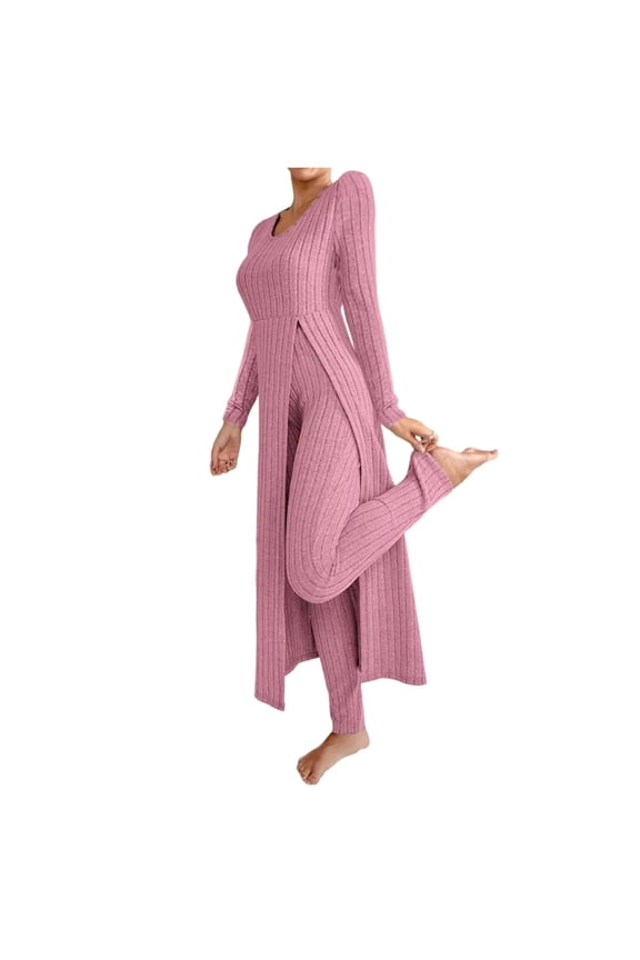 Two Piece Knit Loungewear Sets for Women Casual Ribbed Knitted High Side Slit Long Tunic Sweater Tops and Pants Trendy Cozy Knitwear Outfit Clothes Hot Pink XXXL