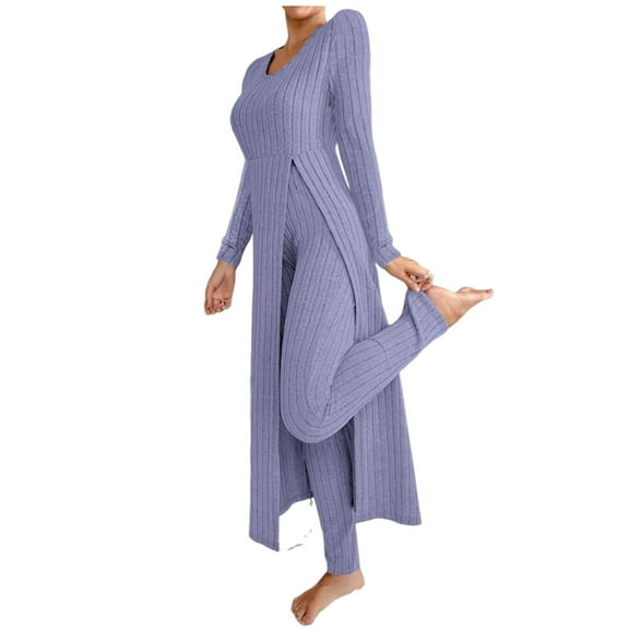 Bloomae Two Piece Knit Loungewear Sets for Women Casual Ribbed Knitted High Side Slit Long Tunic Sweater Tops and Pants Trendy Cozy Knitwear Outfit Clothes Purple L