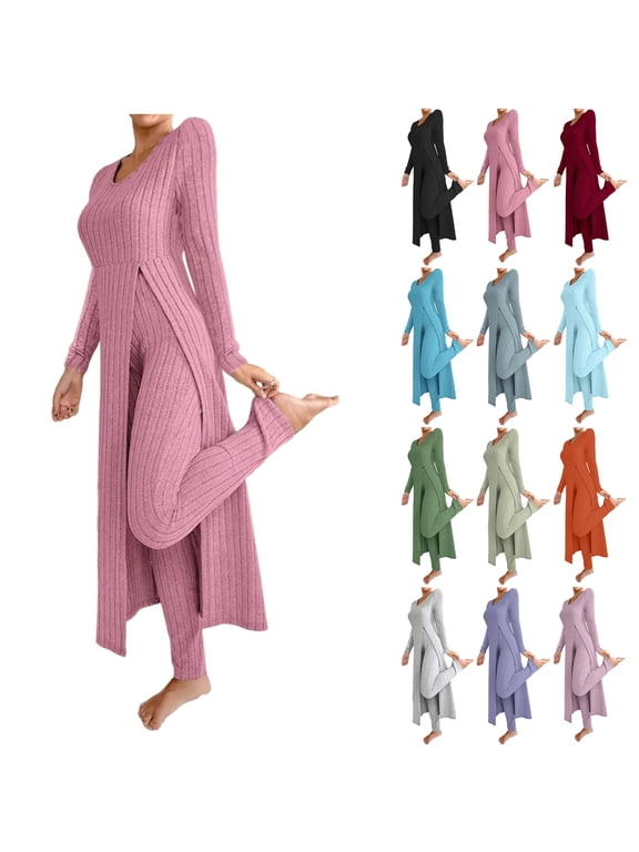 Two Piece Knit Loungewear Sets for Women Casual Ribbed Knitted High Side Slit Long Tunic Sweater Tops and Pants Trendy Cozy Knitwear Outfit Clothes