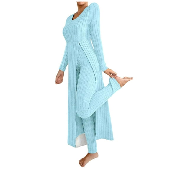 Bloomae Two Piece Knit Loungewear Sets for Women Casual Ribbed Knitted High Side Slit Long Tunic Sweater Tops and Pants Trendy Cozy Knitwear Outfit Clothes Sky Blue L
