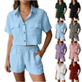 thumbnail image 1 of Bloomae Two Piece Linen Short Sets for Women Trendy Summer Short Sleeve Button Down T-Shirts Tops with Pockets and Elastic Waist Short Pants Matching Loungewear Outfits Gray XXL, 1 of 9