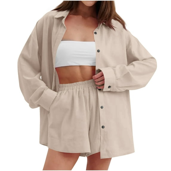 Bloomae Two Piece Linen Shorts Sets for Women Trendy Long Sleeve Button Down Beach Vacation Tees Shirt and Elastic Waist Short Pants Loose Lightweight Oversized Comfy Workout Outfits Set Khaki L