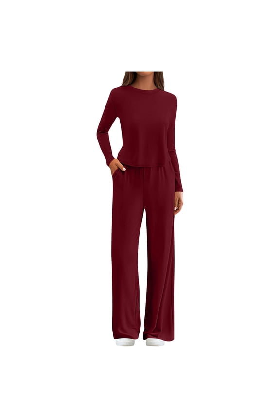 Two Piece Lounge Sets for Women Spring Fashion Sweatsuit Ruched Long Sleeve Crewneck Pullover Tops Loose Wide Leg Joggers Sweat Set Matching Sweat Outfits Wine M