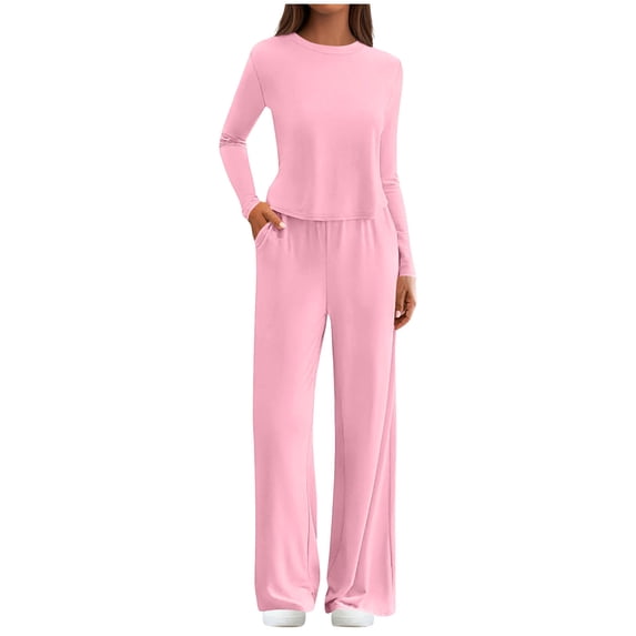 Bloomae Two Piece Lounge Sets for Women Spring Fashion Sweatsuit Ruched Long Sleeve Crewneck Pullover Tops Loose Wide Leg Joggers Sweat Set Matching Sweat Outfits Pink S