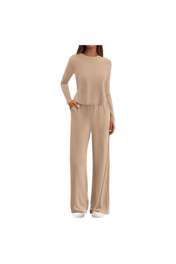 Two Piece Lounge Sets for Women Spring Fashion Sweatsuit Ruched Long Sleeve Crewneck Pullover Tops Loose Wide Leg Joggers Sweat Set Matching Sweat Outfits Khaki S