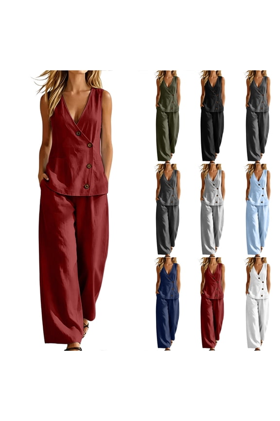 Two Piece Set for Women Asymmetric Button V Neck Tank Tops Vest and Wide Leg Pants Sets with Pockets Work Formal Summer 2 Piece Casual Dressy Sets