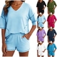 thumbnail image 1 of Bloomae Two Piece Sets for Women Summer Lounge Sets Casual Summer Short Sleeve Striped Shirts and Elastic Waist Short Pants with Pockets Loose Oversized Matching Outfit Set Purple XXL, 1 of 7