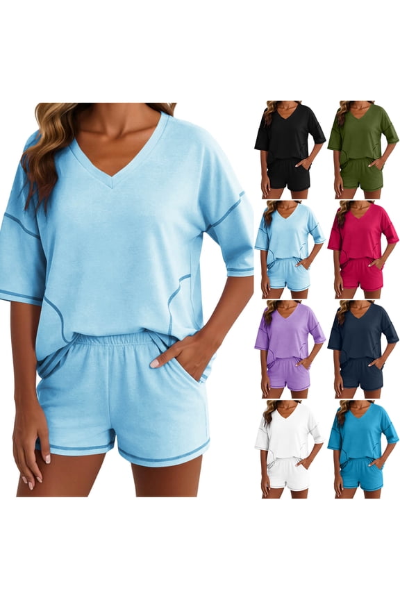 Two Piece Sets for Women Summer Lounge Sets Casual Summer Short Sleeve Striped Shirts and Elastic Waist Short Pants with Pockets Loose Oversized Matching Outfit Set Hot Pink S