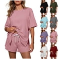 thumbnail image 1 of Bloomae Two Piece Sets for Women Summer Lounge Short Sets Moisture-Wicking Casual Short Sleeve Side Slit Crewneck T-Shirts and Drawstring Elastic Waist Shorts Airport Travel Matching Outfits, 1 of 8