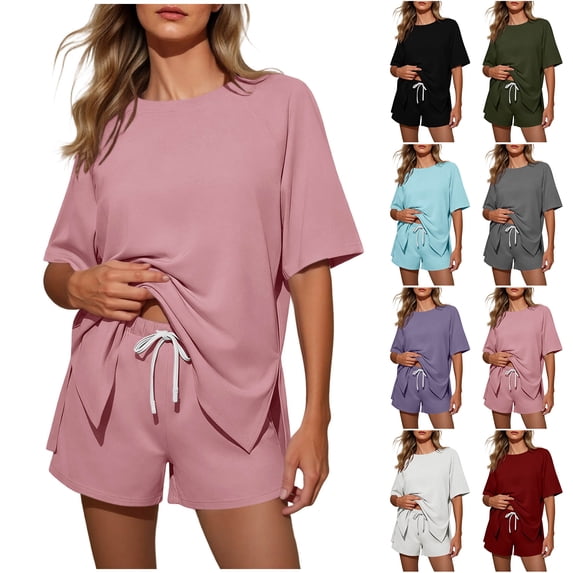 Bloomae Two Piece Sets for Women Summer Lounge Short Sets Moisture-Wicking Casual Short Sleeve Side Slit Crewneck T-Shirts and Drawstring Elastic Waist Shorts Airport Travel Matching Outfits
