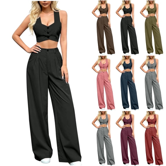 Bloomae Two Piece Sets for Women Summer Sleeveless Ruched Button Down V Neck Cropped Tank Tops and Elastic Waist Wide Leg Pants with Pockets Matching Sets Coffee L