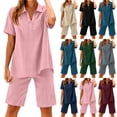 thumbnail image 1 of Bloomae Two Piece Shorts Sets for Women Lightweight Casual Summer Short Sleeve Button V Neck Collared T-Shirts Tops and Elastic Waist Short Pants Loose Comfy Lounge Beach Vacation Outfits, 1 of 9