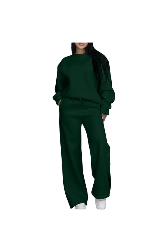 Two Piece Workout Sets for Women Sweatsuit Drawstring Elastic Waist Jogger Sets with Pockets 2025 Basic Crewneck Athletic Baggy Outfits Fall Tracksuit Green M