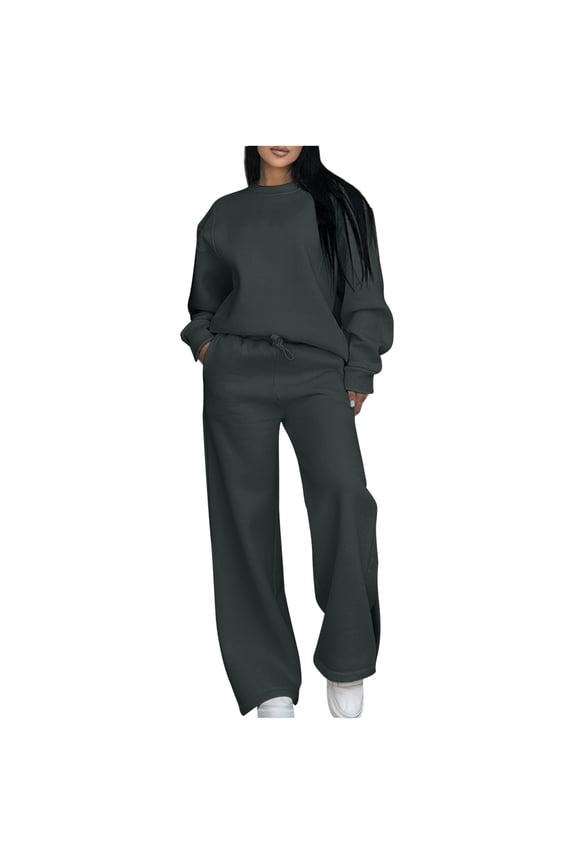 Two Piece Workout Sets for Women Sweatsuit Drawstring Elastic Waist Jogger Sets with Pockets 2025 Basic Crewneck Athletic Baggy Outfits Fall Tracksuit Dark Gray XL