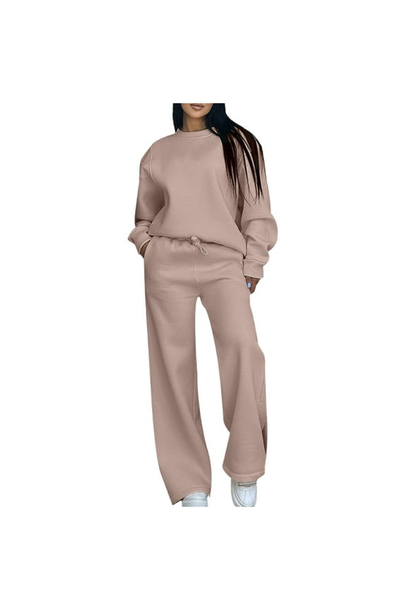 Two Piece Workout Sets for Women Sweatsuit Drawstring Elastic Waist Jogger Sets with Pockets 2025 Basic Crewneck Athletic Baggy Outfits Fall Tracksuit Khaki L