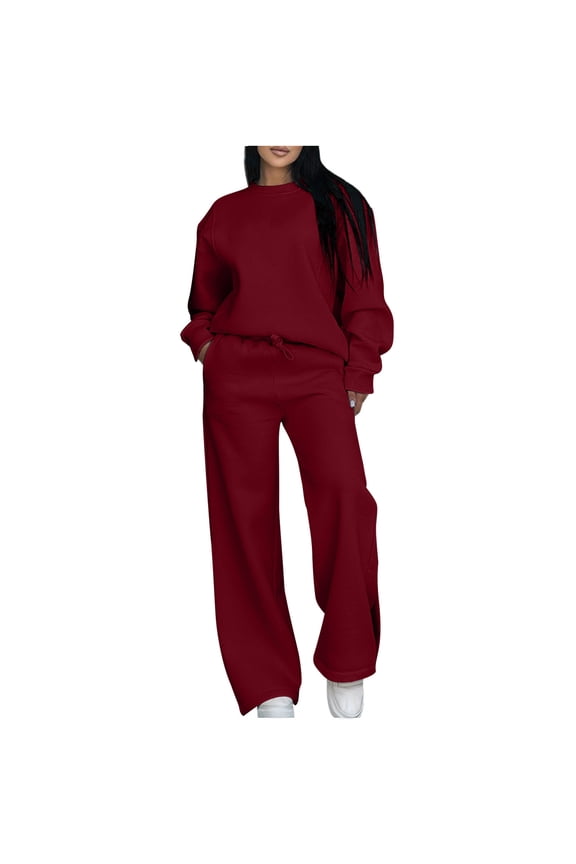 Two Piece Workout Sets for Women Sweatsuit Drawstring Elastic Waist Jogger Sets with Pockets 2025 Basic Crewneck Athletic Baggy Outfits Fall Tracksuit Wine XL