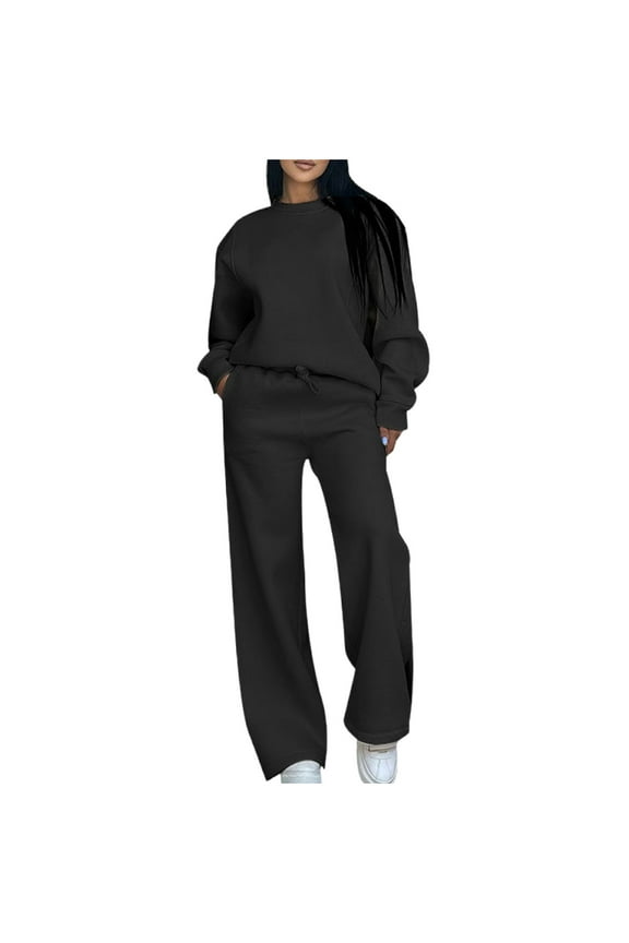 Two Piece Workout Sets for Women Sweatsuit Drawstring Elastic Waist Jogger Sets with Pockets 2025 Basic Crewneck Athletic Baggy Outfits Fall Tracksuit Black S
