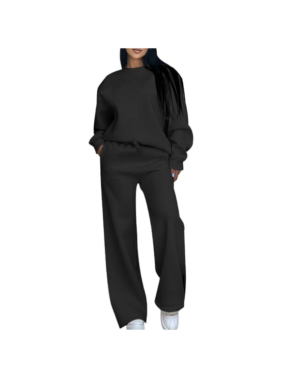 Two Piece Workout Sets for Women Sweatsuit Drawstring Elastic Waist Jogger Sets with Pockets 2025 Basic Crewneck Athletic Baggy Outfits Fall Tracksuit Black S