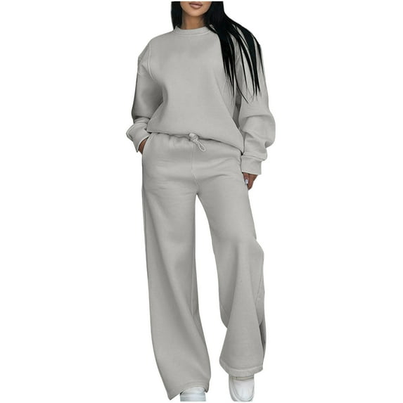 Bloomae Two Piece Workout Sets for Women Sweatsuit Drawstring Elastic Waist Jogger Sets with Pockets 2025 Basic Crewneck Athletic Baggy Outfits Fall Tracksuit Gray XL