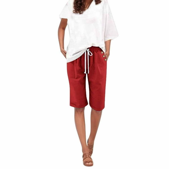 Bloomae Upgrade Bermuda Shorts for Women 2025 Summer Casual High Waisted Loose Drawstring Button Decor Knee Length Shorts with Pockets Light Blue M