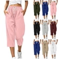 thumbnail image 1 of Bloomae Waffle Knit Capri Pants for Women Lightweight Casual Drawstring Elastic High Waist Comfy Lounge Cropped Trousers Loose Straight Leg Jogger Capris with Pockets, 1 of 9