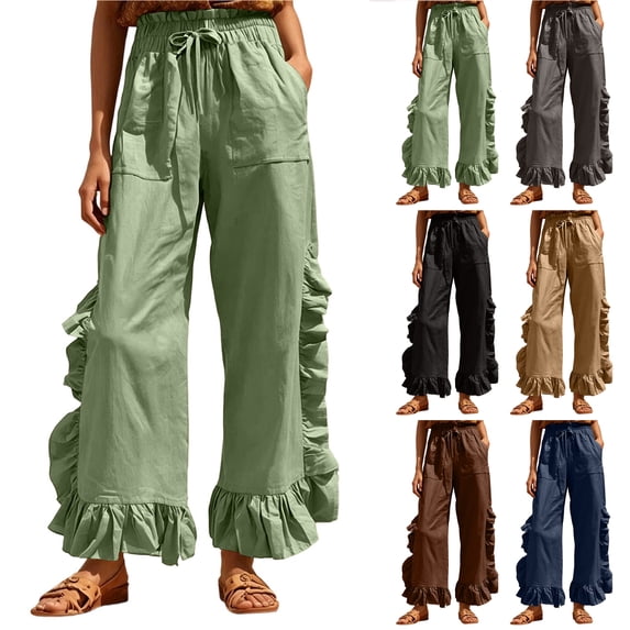 Bloomae Wide Leg Boho Pants Women Casual Drawstring Elastic High Waisted Flowy Ruffled Hem Palazzo Pants Trendy Beach Vacation Lounge Trousers with Pockets