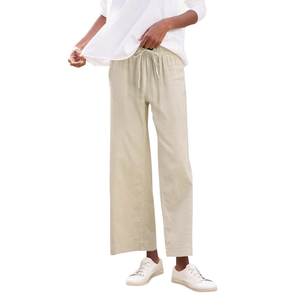 Bloomae Wide Leg Linen Pants Woman Drawstring Elastic High Waist Cropped Pants Trendy Lounge Pant Summer Business Casual Work Pants with Pockets Beige S
