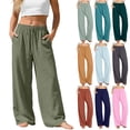 thumbnail image 1 of Bloomae Wide Leg Linen Pants for Women Lightweight Summer Drawstring Elastic Waist Flowy Lounge Pant Loose Fit Dressy Baggy Trousers with Pockets Army Green M, 1 of 10