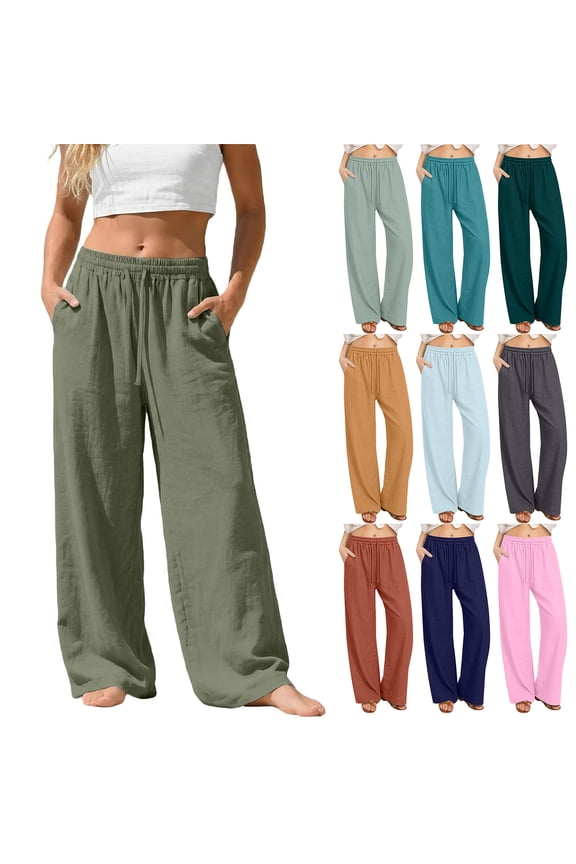 Wide Leg Linen Pants for Women Lightweight Summer Drawstring Elastic Waist Flowy Lounge Pant Loose Fit Dressy Baggy Trousers with Pockets Orange XL