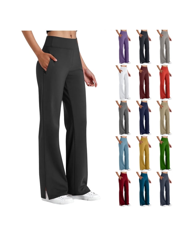 Women's Yoga Pants with Pockets Flare Leggings Split Hem Elastic High Waist Sweatpants Tummy Control Workout Casual Lightweight Trousers White L