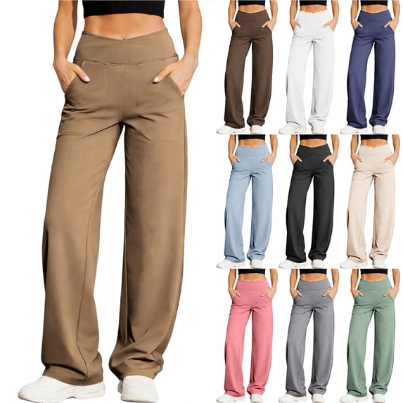 Bloomae Wide Leg Pants for Women Loose Yoga Pants with Pockets Petite/Regular/Tall Stretch Casual Stretch Crossover High Waist Lounge Trousers Beige XXL