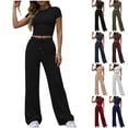 thumbnail image 1 of Bloomae Women 2 Piece Lounge Sweatsuit Sets Casual Summer Short Sleeve Crewneck Basic Cropped T-Shirts and Drawstring Elastic Waist Wide Leg Sweatpants Matching Tracksuit Outfits Army Green L, 1 of 9