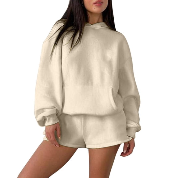 Bloomae Women 2 Piece Outfit Oversized Long Sleeve Fall Hoodie Pullover Sweatshirt Shorts Lounge Sweat Set Sweatsuit Tracksuit 2025 Trendy Y2K Clothes Beige S