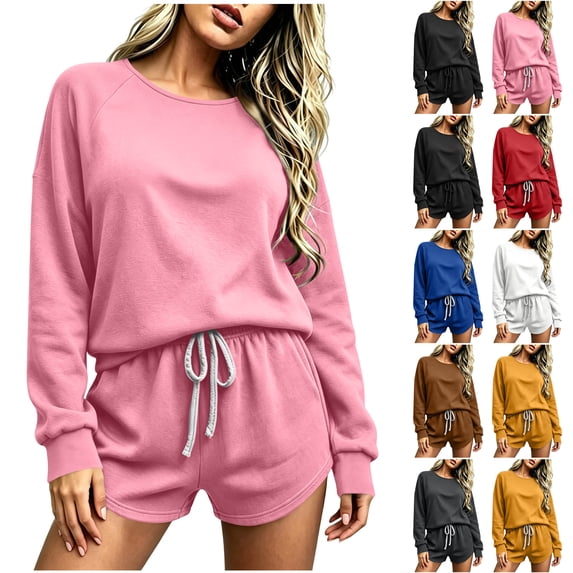 Bloomae Women 2 Piece Outfits Sweat Shorts Sets 2026 Oversized Casual Long Sleeve Crewneck Sweatshirts and Drawstring Short Pants Loose Comfy Lounge Matching Set Sweatsuit Tracksuit Fall Clothes