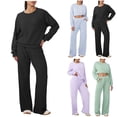 thumbnail image 1 of Bloomae Women 2 Piece Outfits Sweatsuit Set Waffle Knit Long Sleeve Crewneck Pullover Sweatshirt Wide Leg Sweatpant with Pockets Loose Lightweight Comfy Lounge Set Tracksuit Blue XXL, 1 of 7