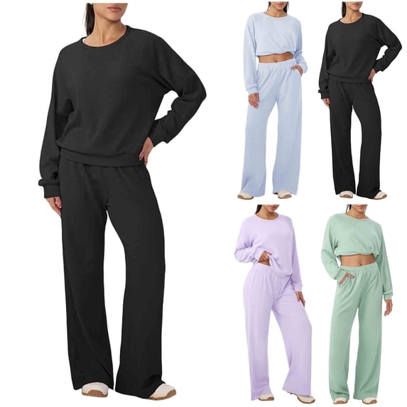 Bloomae Women 2 Piece Outfits Sweatsuit Set Waffle Knit Long Sleeve Crewneck Pullover Sweatshirt Wide Leg Sweatpant with Pockets Loose Lightweight Comfy Lounge Set Tracksuit Blue XXL