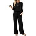 thumbnail image 1 of Bloomae Women 2 Piece Pant Set Matching Sweater Lounge Outfits Ribbed Knit Pajamas 3/4 Sleeve Button Decor Crewneck Sweaters Drawstring Pants Travel Airport Casual Clothes Black XXL, 1 of 9