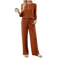 thumbnail image 1 of Bloomae Women 2 Piece Pant Set Matching Sweater Lounge Outfits Ribbed Knit Pajamas 3/4 Sleeve Button Decor Crewneck Sweaters Drawstring Pants Travel Airport Casual Clothes Orange XL, 1 of 9