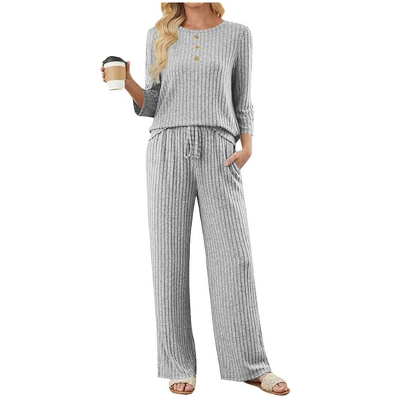 Bloomae Women 2 Piece Pant Set Matching Sweater Lounge Outfits Ribbed Knit Pajamas 3/4 Sleeve Button Decor Crewneck Sweaters Drawstring Pants Travel Airport Casual Clothes Gray S