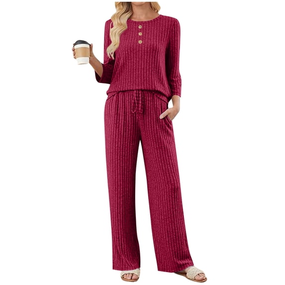 Bloomae Women 2 Piece Pant Set Matching Sweater Lounge Outfits Ribbed Knit Pajamas 3/4 Sleeve Button Decor Crewneck Sweaters Drawstring Pants Travel Airport Casual Clothes Hot Pink XL