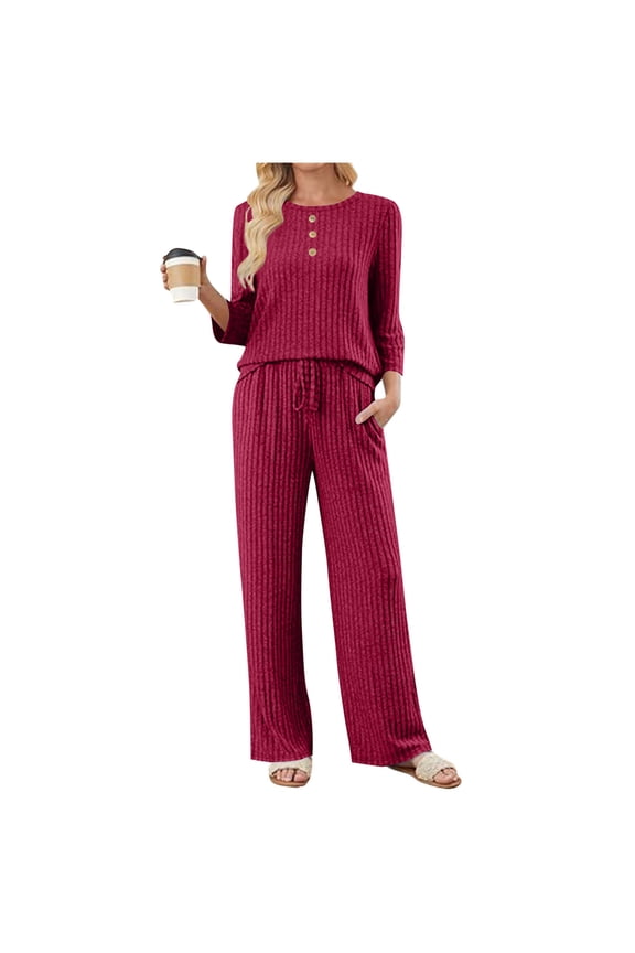 Women 2 Piece Pant Set Matching Sweater Lounge Outfits Ribbed Knit Pajamas 3/4 Sleeve Button Decor Crewneck Sweaters Drawstring Pants Travel Airport Casual Clothes Hot Pink XXL