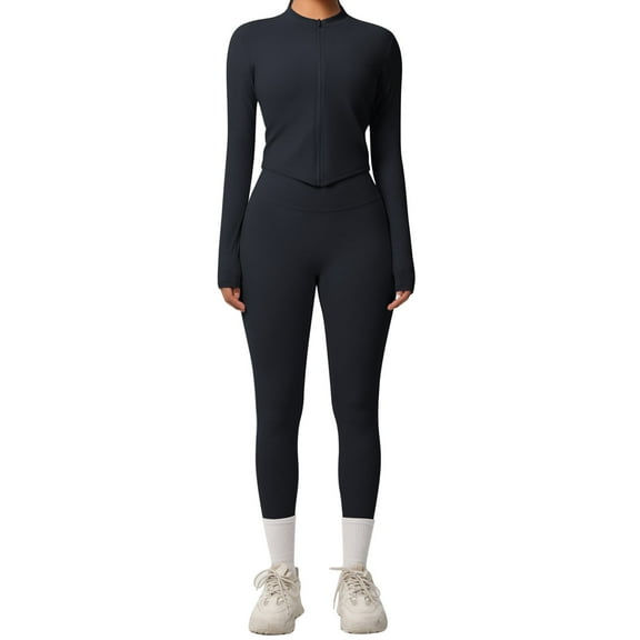 Bloomae Women 2 Piece Seamless Workout Sets Full Zip Up Long Sleeve Cropped Jacket Stretch Tummy Control High Waisted Gym Yoga Leggings Pilates Outfits Black XL