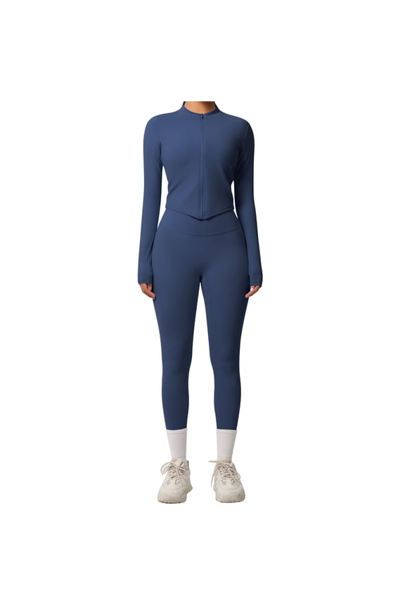 Women 2 Piece Seamless Workout Sets Full Zip Up Long Sleeve Cropped Jacket Stretch Tummy Control High Waisted Gym Yoga Leggings Pilates Outfits Navy S