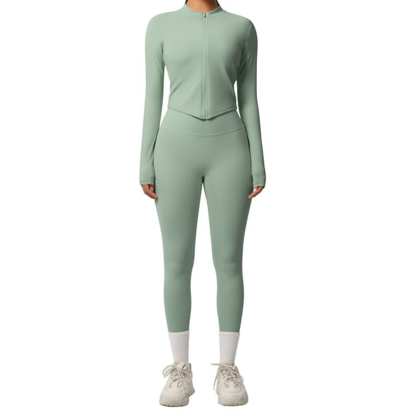 Bloomae Women 2 Piece Seamless Workout Sets Full Zip Up Long Sleeve Cropped Jacket Stretch Tummy Control High Waisted Gym Yoga Leggings Pilates Outfits Green L