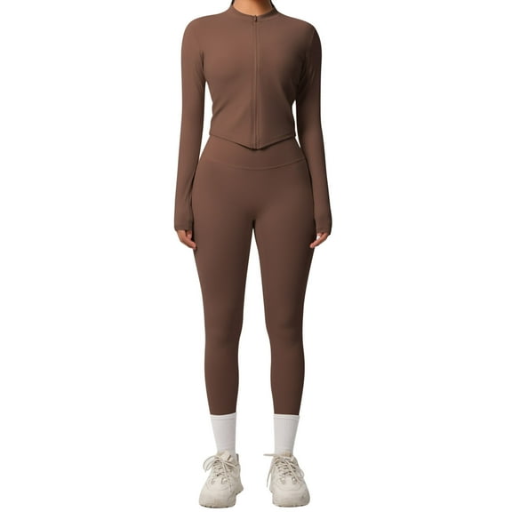 Bloomae Women 2 Piece Seamless Workout Sets Full Zip Up Long Sleeve Cropped Jacket Stretch Tummy Control High Waisted Gym Yoga Leggings Pilates Outfits Coffee XL