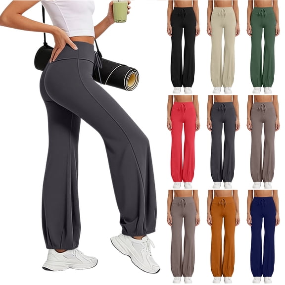 Bloomae Women Bubble Yoga Pants Drawstring Elasitc High Waist Casual Lounge Pant Tummy Control Fold Over Flare Leggings for Pilates, Gym, Lounge & Daily Wear Black S