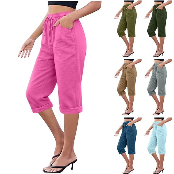 Bloomae Women Capri Pants Cotton Yoga Wide Leg Pajama Cropped Pants Casual Drawstring Elastic High Waist Capris Sweatpants Sports with Pockets Green XL