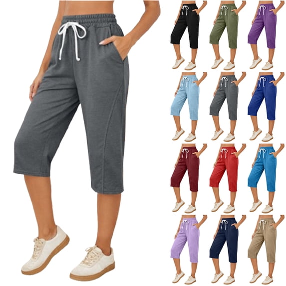 Bloomae Women Capri Pants Cotton Yoga Wide Leg Pajama Pants Capris Sweatpants Sports Casual Drawstring Elastic Waist Athletic Short Pants with Pockets