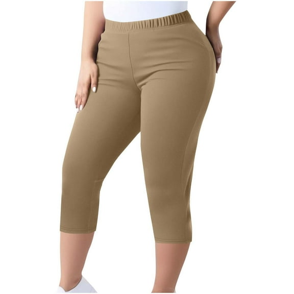 Bloomae Women Capri Pants Plus Size Stretch Knee Length Leggings Elastic High Waist Casual Summer Ladies Pull On Capris Khaki M