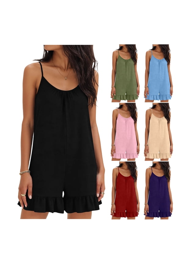 Women Casual Ruffle Trim Jumpsuits Summer Sleeveless Ruched Scoop Neck Romper Loose Fit Adjustable Spaghetti Strap Stretchy Shorts Rompers with Pockets Black S